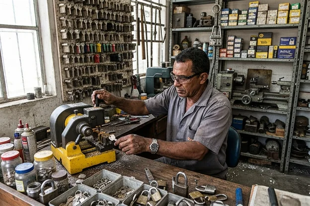 Loja de chaveiro em Santa Rita mostrando ferramentas e produtos relacionados.